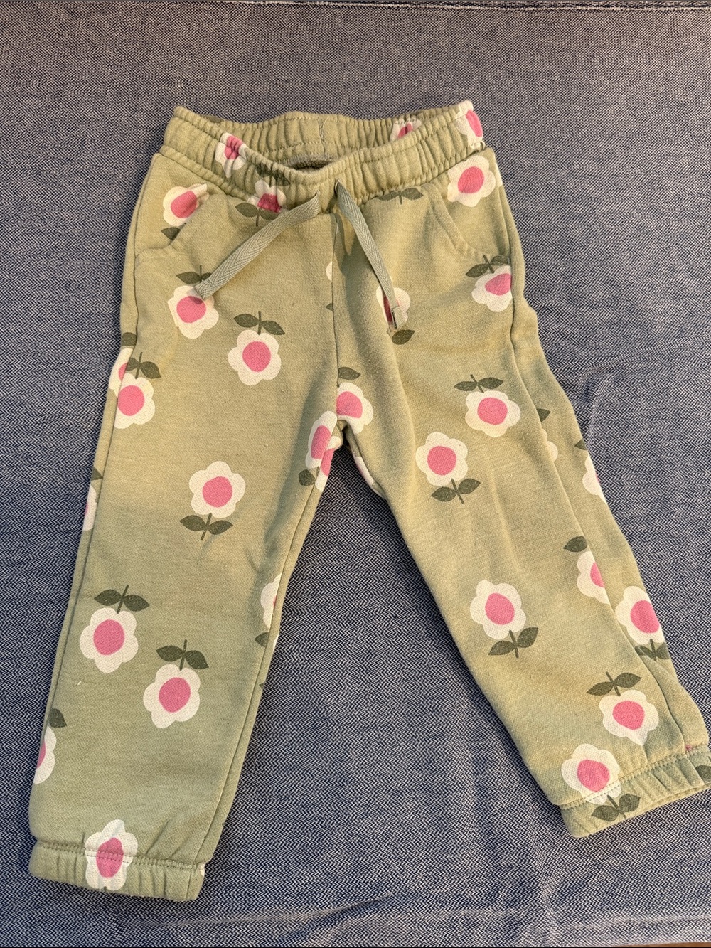 Cat & Jack Olive Green Floral Joggers with Pink and White Flowers